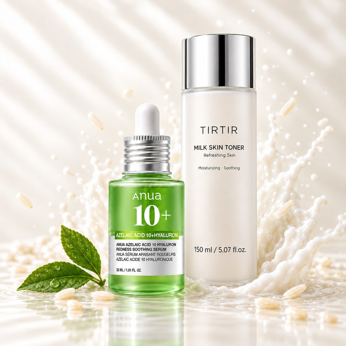 Calm & Glow Duo: Anua Azelaic Acid 10 Hyaluron Serum and TIRTIR Milk Skin Toner